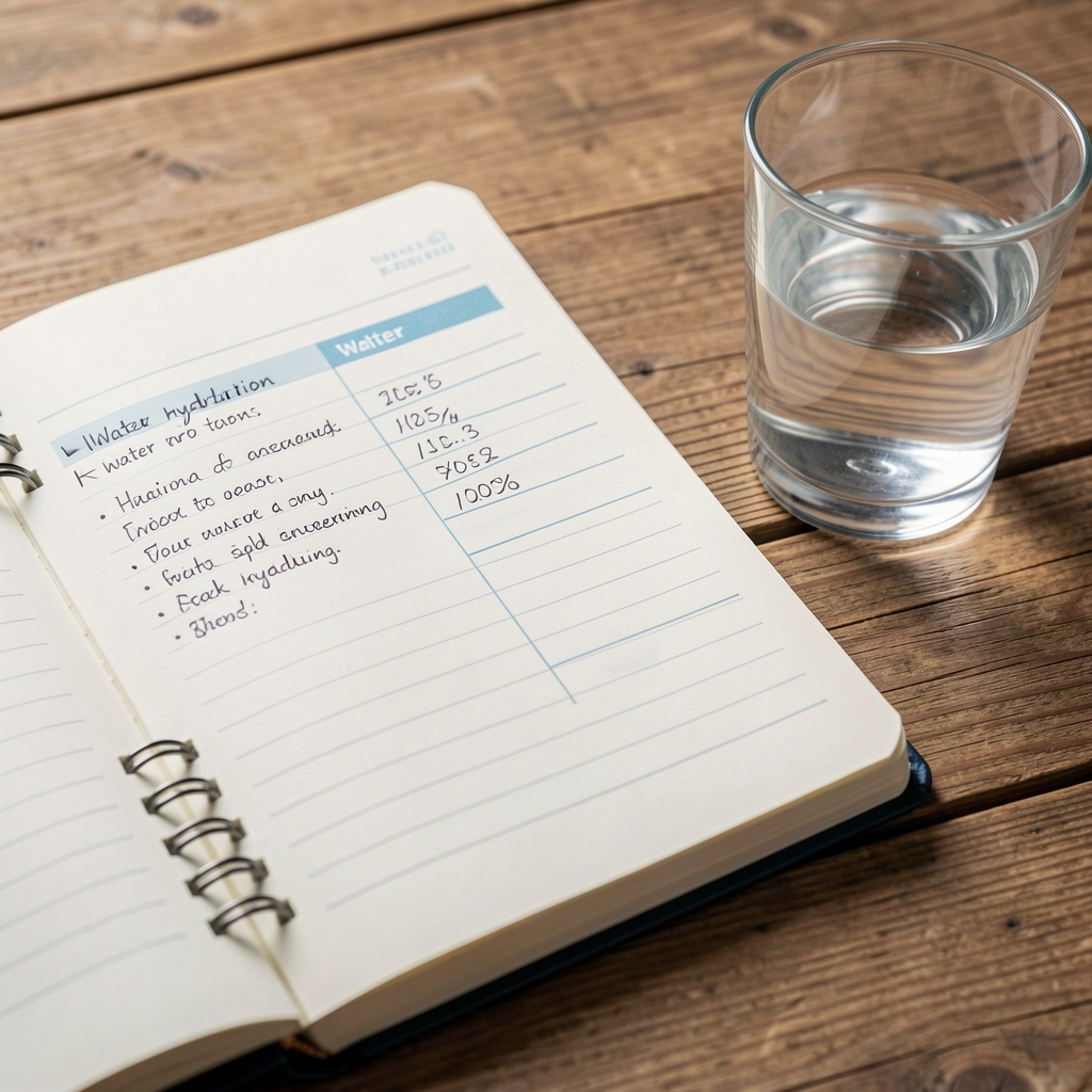 Close-up of a hydration tracking journal page with handwritten notes, water intake records and a glass of water beside it on a wooden work surface