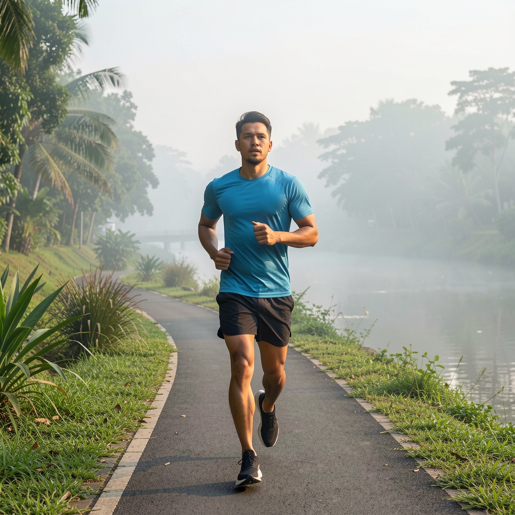 Man in athletic clothing running along a river park trail in Jakarta in the early morning, greenery and light mist in background